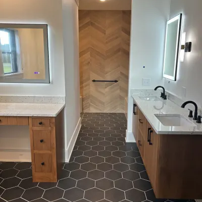 Grey tile flooring in a contemporary bathroom