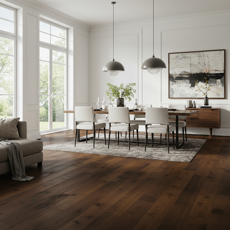 Stylish Dining Room with Dark Hardwood Floors