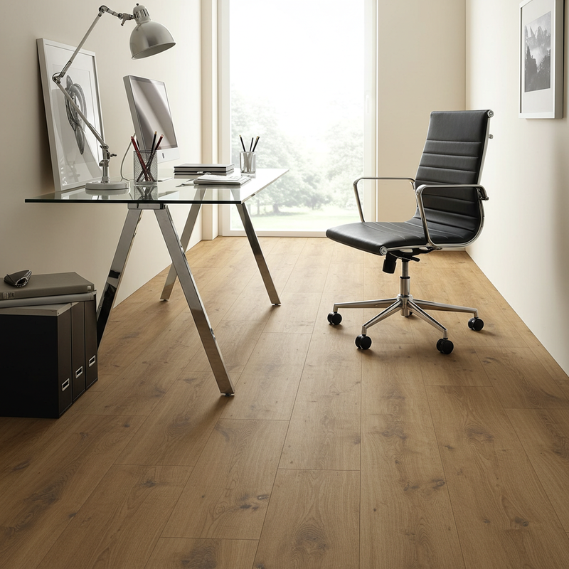 Modern home office with warm natural laminate flooring